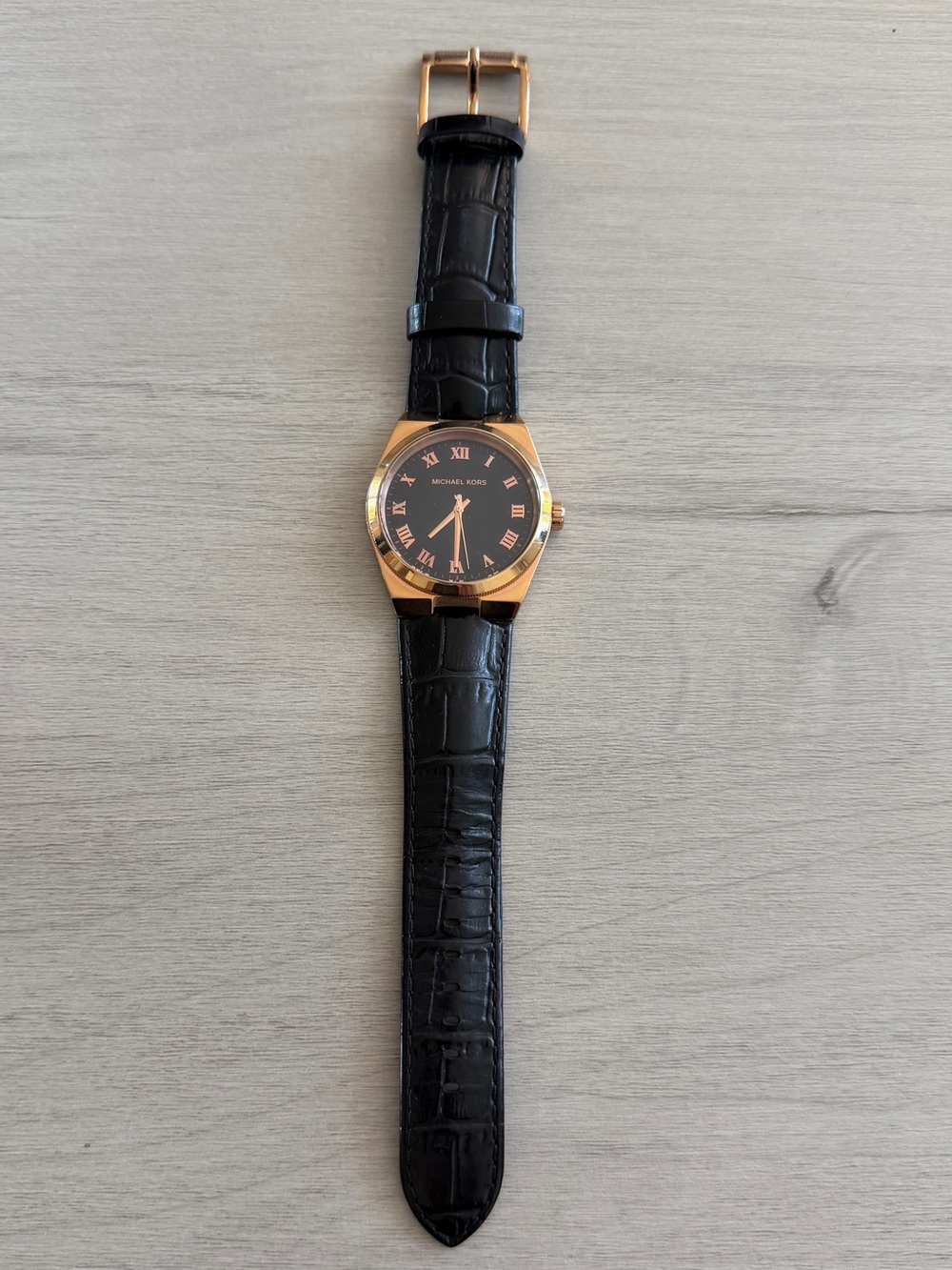 Michael Kors Black Leather Strap Watch with Rose Gold Case